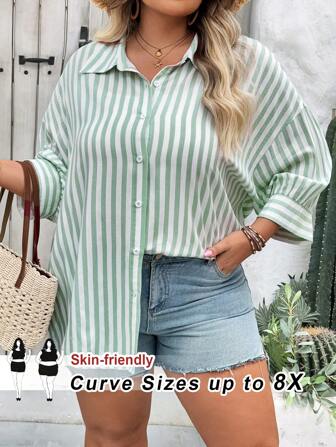 SHEIN CURVE+ 大码条纹印花落肩衬衫夏季上衣度假服装，Curve Plus，波西米亚风度假海滩装，女士/海滩/海滩度假装/海滩必需品/毕业/茶会