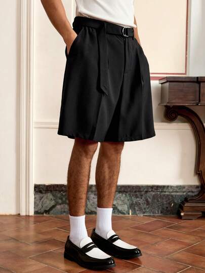 SWAVVY 男士梭织时尚休闲宽松纯色直筒裤，黑色夏季短裤含腰带，适合日常夏季学校穿着