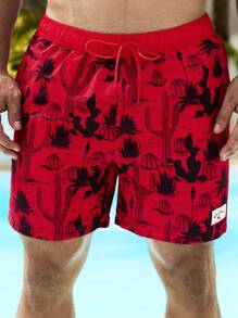 Surfspeed Men's Plant Print Drawstring Waist Beach Shorts - Red - View 6