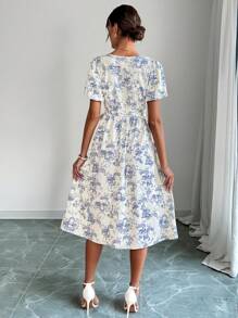 EMERY ROSE Damen Lässig Urlaubsstil Kleid mit Blume Muster und Rundhalsausschnitt, Kurzarm - Babyblau - Übersicht 2