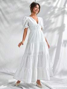 CLARA VERO Vestido de algodón bordado con manga corta, detalle de lazo delantero y botones, de unicolor para mujer