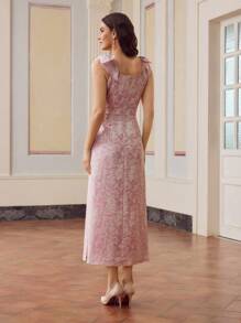 ZEYLAH Đầm dài xẻ tà không tay thắt nơ họa tiết jacquard - Hồng - Xem 3