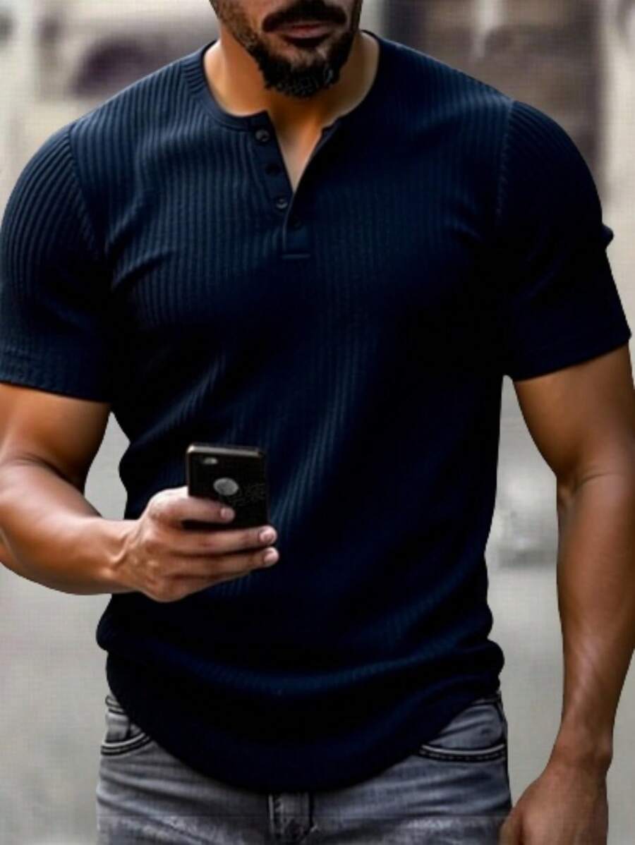 Manfinity Homme Men's Solid Color Button Half Placket Short Sleeve Henley T-Shirt - Navy Blue - View 1