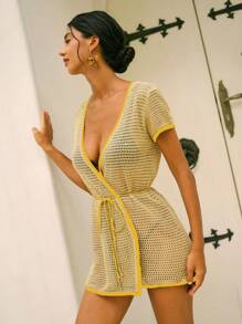 Swim Chiccia Women's Contrasting Color Crochet Mesh Cover-Up For Beach Vacation For Summer - Multicolor - View 6