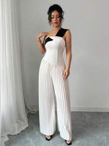 Elenzga Women's Asymmetric Shoulder Ruched Color-Block Jumpsuit - Apricot - View 3