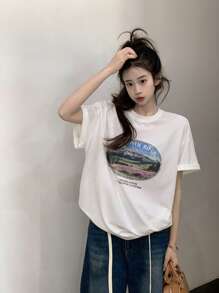 DAZY 女士休闲短袖印花T恤，少女风格，夏季图案T恤超大T恤 - 白色 - 查看 1