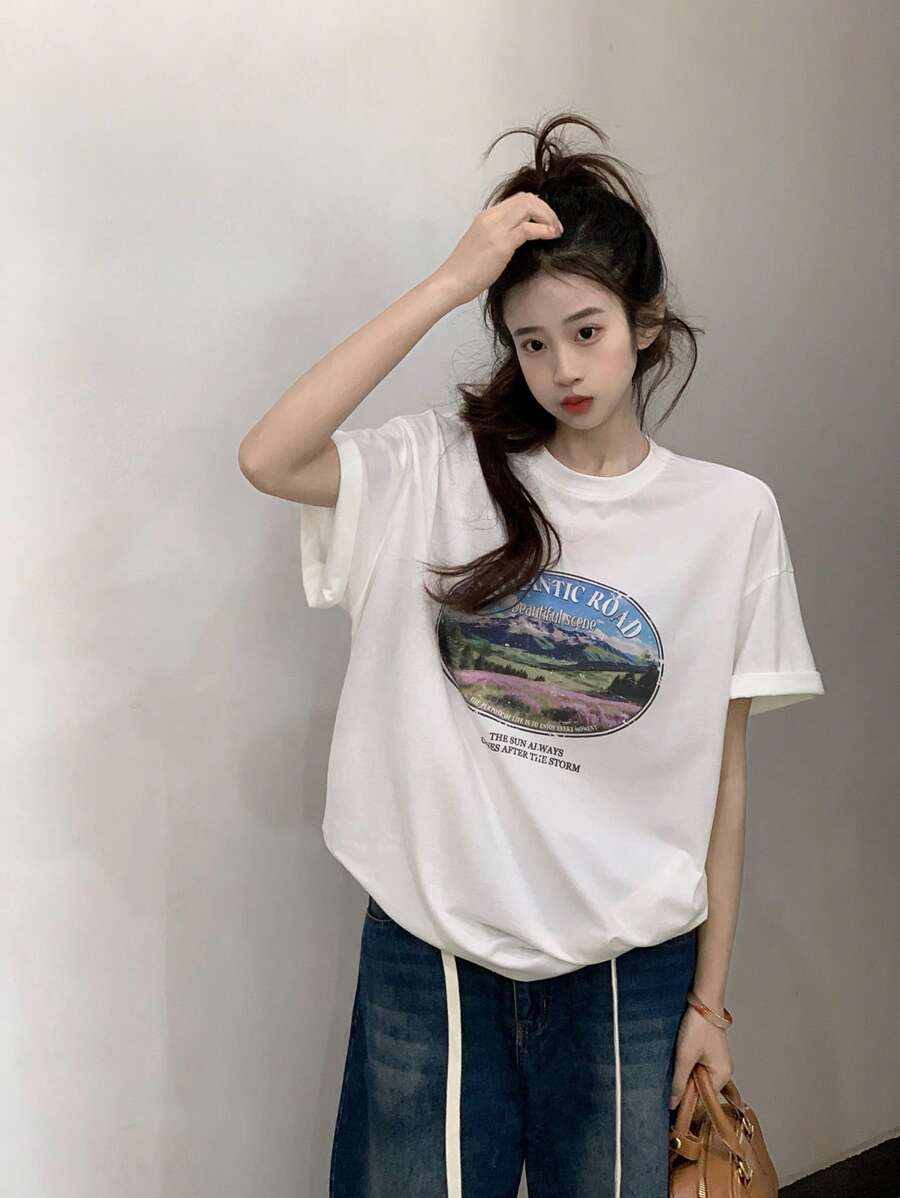 DAZY 女士休闲短袖印花T恤，少女风格，夏季图案T恤超大T恤 - 白色 - 查看 1