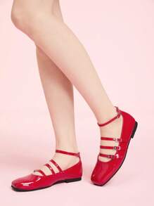 CUCCOO DOLLMOD Women Red Stripe Metal Buckle Flat Loafers - Red - View 3