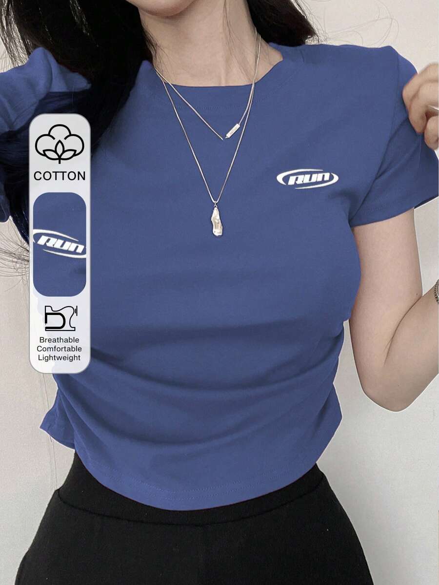 DAZY Áo thun nữ tay ngắn có họa tiết chữ và xếp ly mùa hè, áo crop top nữ thời trang thanh lịch - Màu xanh lam - Xem 1