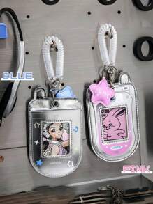 1pc Sliver Y2k Aholic Flip Phone Card Holder - Silver PU Leather Pouch For Dual SIM/ID, Mini Wallet With Keychain, Cute Kawaii Accessory - Multicolor - View 2