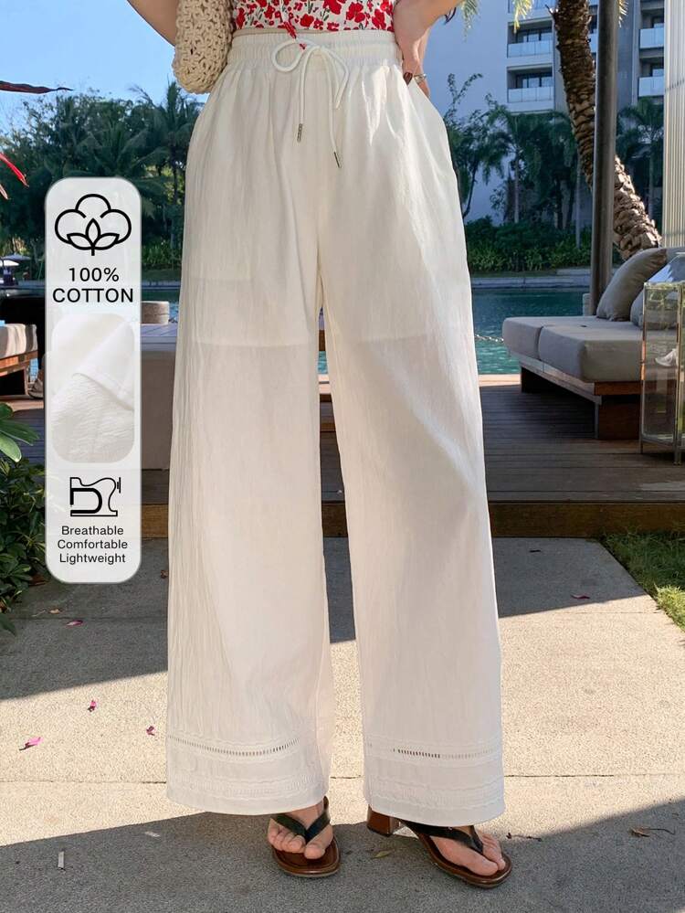 Solid Color Patchwork Hollow Floral Lace Elastic Waist Wide Leg Pants With Pockets, Casual Resort Wear Summer Trousers For Women