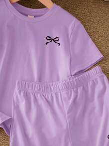 SHEIN Tween Girls' Casual Minimalist Short Sleeve Shorts 2 Pieces Set, Suitable For Summer - Mauve Purple - View 4