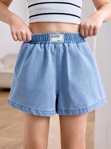 Tween Girls Summer Casual Light Washed Letter Elastic Waist Striped Casual Baggy Shorts - Light Wash - View 5