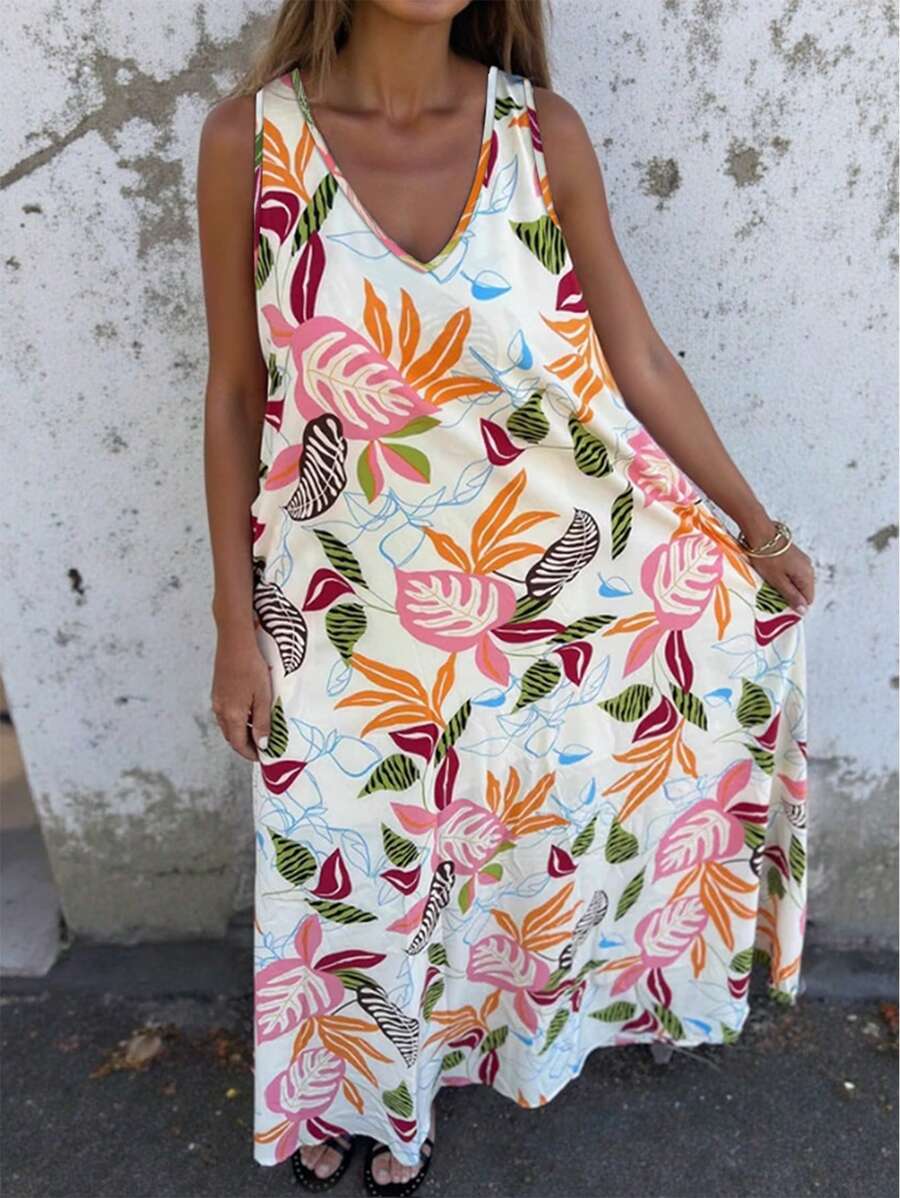 SHEIN VCAY CURVE 大码女式花卉印花无袖V领连衣裙 - 彩色 - 查看 1