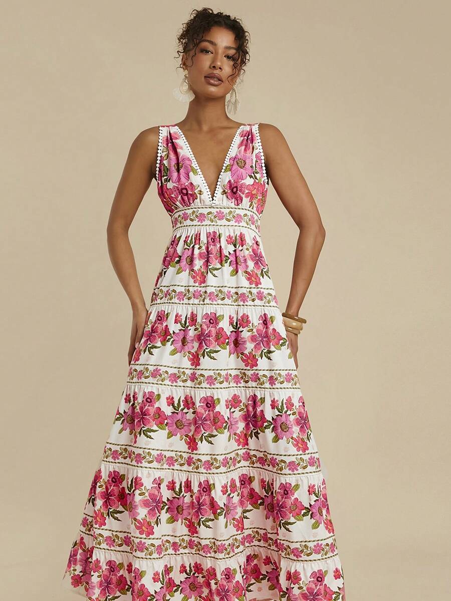 Travachic Urlaubs V-Ausschnitt Blume Muster Rüschen A-Linie romantisches Kleid für Frauen