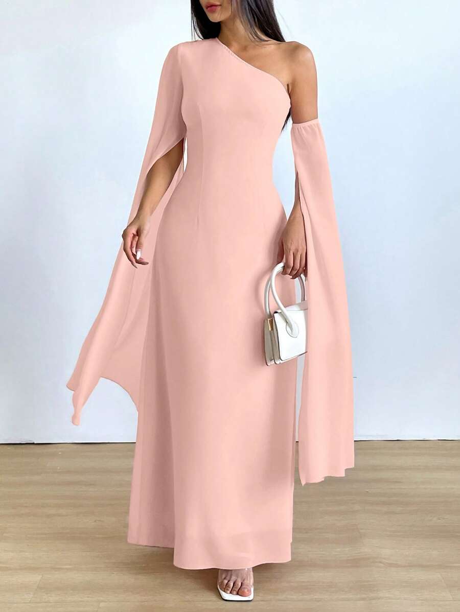 SHEIN Unity 女式优雅不对称领口长袖束腰纯色 A 字长裙,春夏 - 粉色 - 查看 1