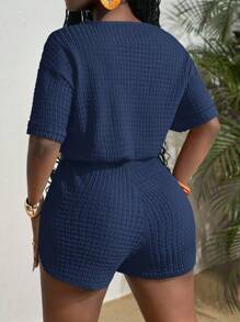 Slaydiva 春夏新款休闲基础休闲度假简约圆领落肩短袖袖口下摆抽绳宽松上衣+弧形下摆修身短裤编织皱褶针织蓝绿女两件套 - 藍色 - 查看 2