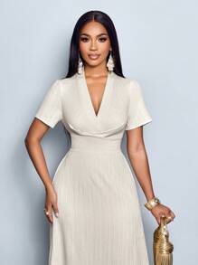 SOLERSUN Women's Solid Color Crossed V-Neck Short Sleeve Dress, Elegant - Apricot - View 5