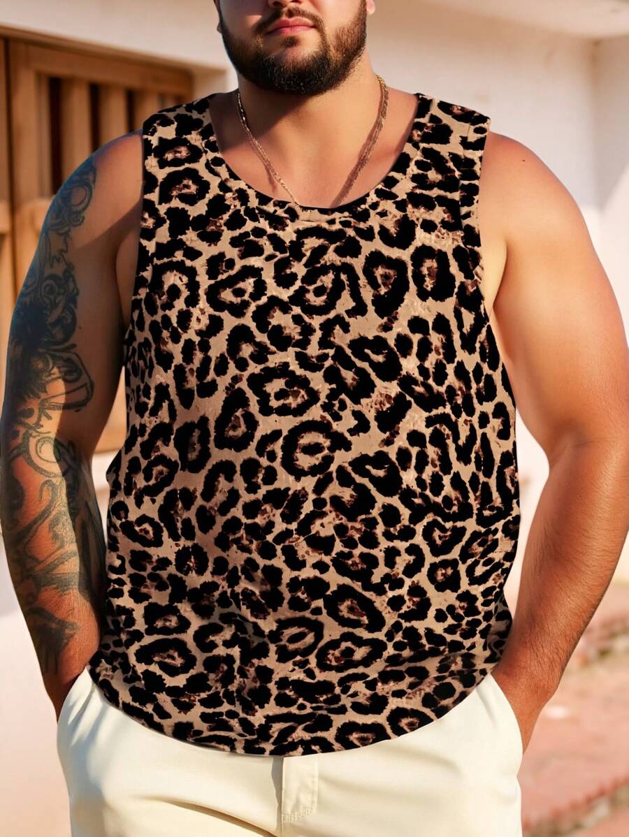 Manfinity RSRT Fashionable Casual Leopard Print Digital Pattern Men's Plus Size Sleeveless Round Neck Tank Top, Essential Item For Summer Dates & Gatherings, Couples, Gift For Boyfriend - Multicolor - View 1