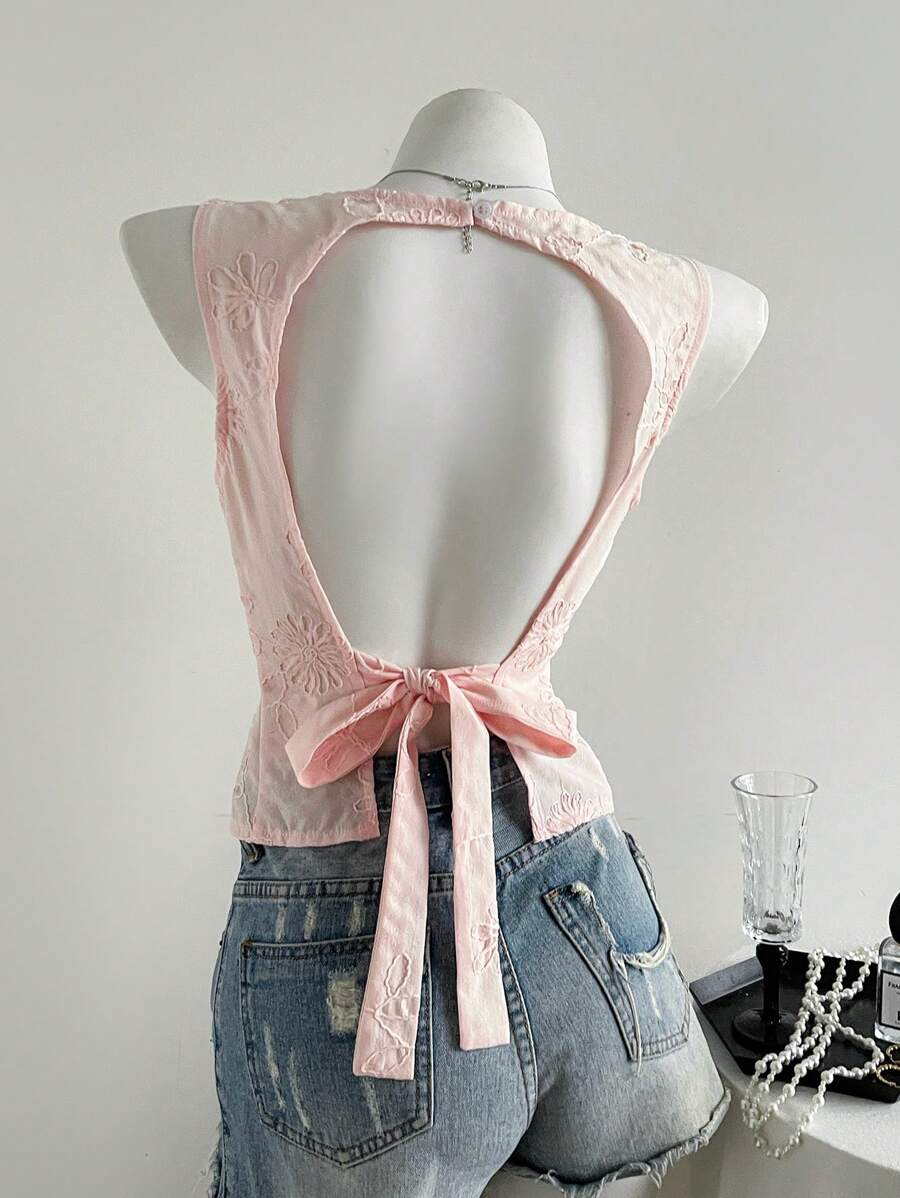 Elamini Fashionable Versatile Solid Color Open Back Bowknot Sleeveless Slim Fit Women Tank Top, Suitable For Spring And Summer, Wear Alone Or Layer - Pink - View 1