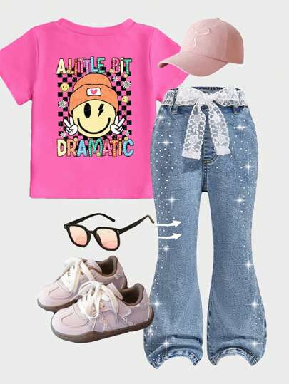 女童休闲松紧腰水钻装饰牛仔喇叭裤，时尚舒适，适合夏季穿着