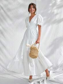 CLARA VERO Vestido de algodón bordado con manga corta, detalle de lazo delantero y botones, de unicolor para mujer