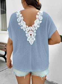 SHEIN Frenchy Plus Size Casual Holiday Lace Patchwork Solid Color T-Shirt, Summer - Blue - View 5