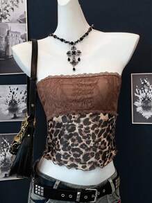 SHEIN EZwear Summer Concert Western Wear Lace Patchwork Leopard Print Tube Top - Mocha Brown - View 1