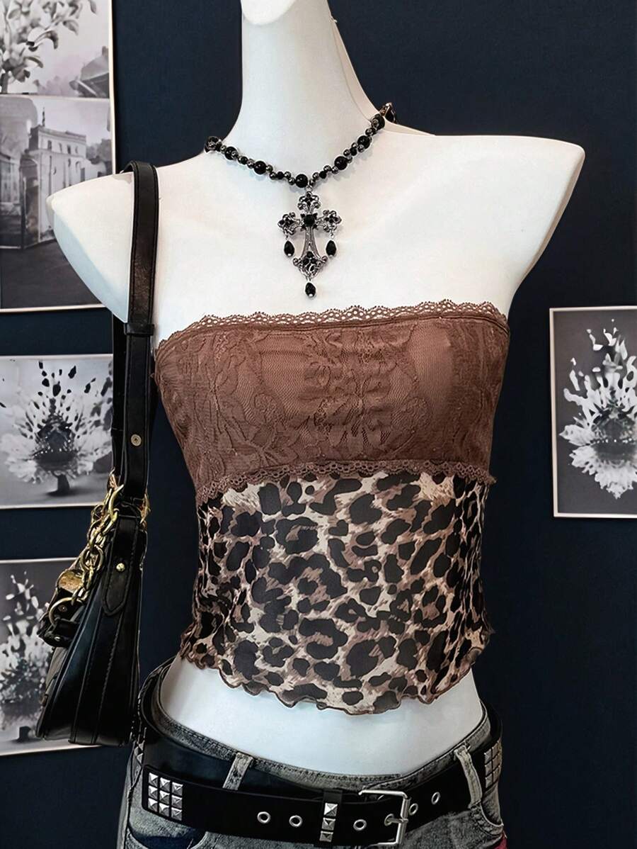 SHEIN EZwear Summer Concert Western Wear Lace Patchwork Leopard Print Tube Top - Mocha Brown - View 1