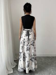 Elenzga 女士音乐节度假罗纹针织玫瑰印花系带腰连衣裙 - 黑色 - 查看 2