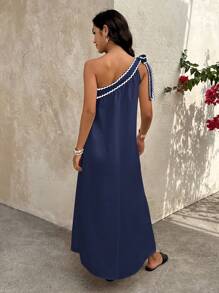 Selianne Women's Loose Long Dress With Wave Ruffle Trim - Navy Blue - View 2