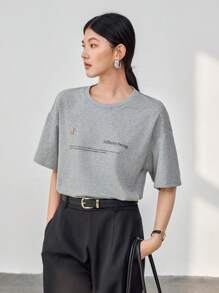 DAZY 女士宽松休闲商务字母印花短袖 T 恤，复古风格，图案 T 恤 - 灰色 - 查看 8