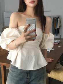 DAZY Blusa con hombros descubiertos, volantes y mangas abultadas de color liso de para mujer - Albaricoque - Ver 3