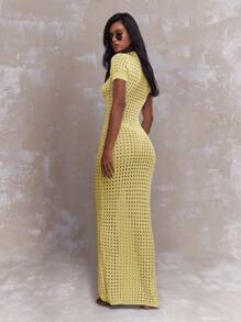 MISSGUIDED 钩针编织 Polo 长裙 复古 Y2K 风格长款沙滩装 夏季春季紧身复古度假装 蜂窝图案婚礼宾客圆柱连衣裙 - 黃色 - 查看 2