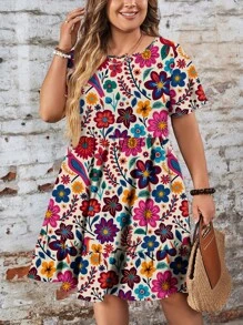 EMERY ROSE Váy dài tay ngắn cổ tròn in hoa rộng rãi cho lễ hội âm nhạc cỡ lớn, phù hợp cho mùa xuân/hè - Nhiều màu - Xem 5