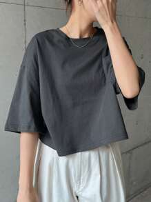 FRIFUL 女士灰色宽松短款口袋 T 恤，圆领短袖上衣，夏季 - 灰色 - 查看 4