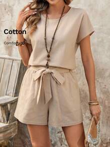 EMERY ROSE 2pcs Women Solid Color Round Neck Short Sleeve Shirt & Shorts Casual Set - Khaki - View 1
