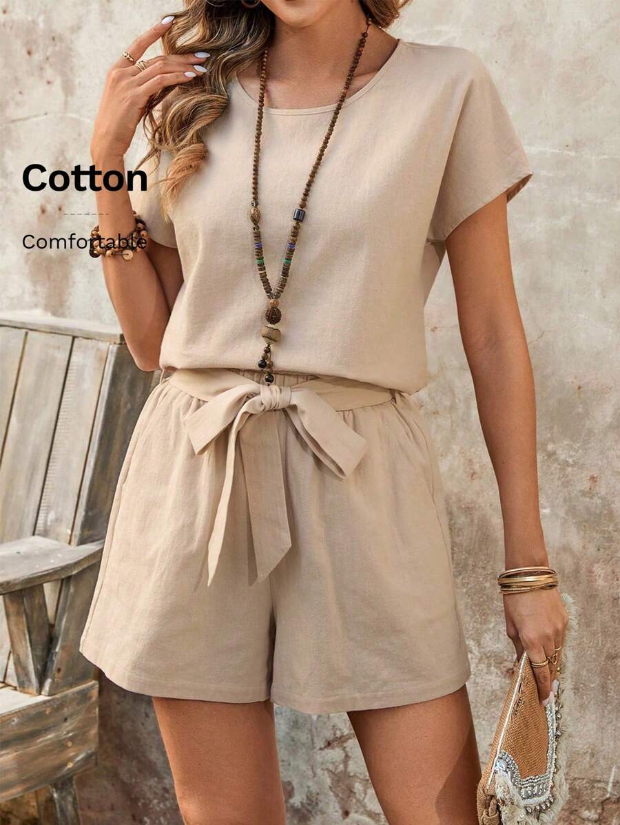 EMERY ROSE 2pcs Women Solid Color Round Neck Short Sleeve Shirt & Shorts Casual Set - Khaki - View 1