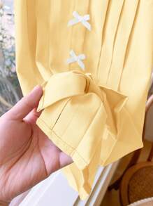 SHEIN Baby Girls Cute Yellow Peter Pan Collar Bowknot Short Sleeve Dress, Summer - Yellow - View 6