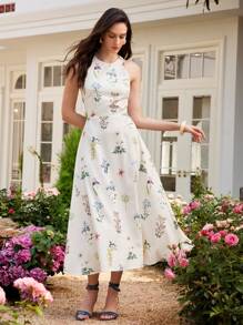 Chiquease Vestido de verano largo con estampado floral diminuto y espalda descubierta para mujer, ideal para playa y vacaciones