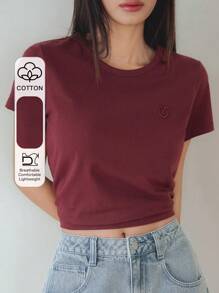 DAZY 休闲风格纯色心形刺绣短袖T恤女夏季，商务休闲女装