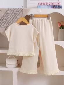 SHEIN Leap Crew 2pcs/Set Girls Knit Solid Color Round Neck Floral Tassel Fitted Camisole & Loose Casual Pants Set - Apricot - View 7