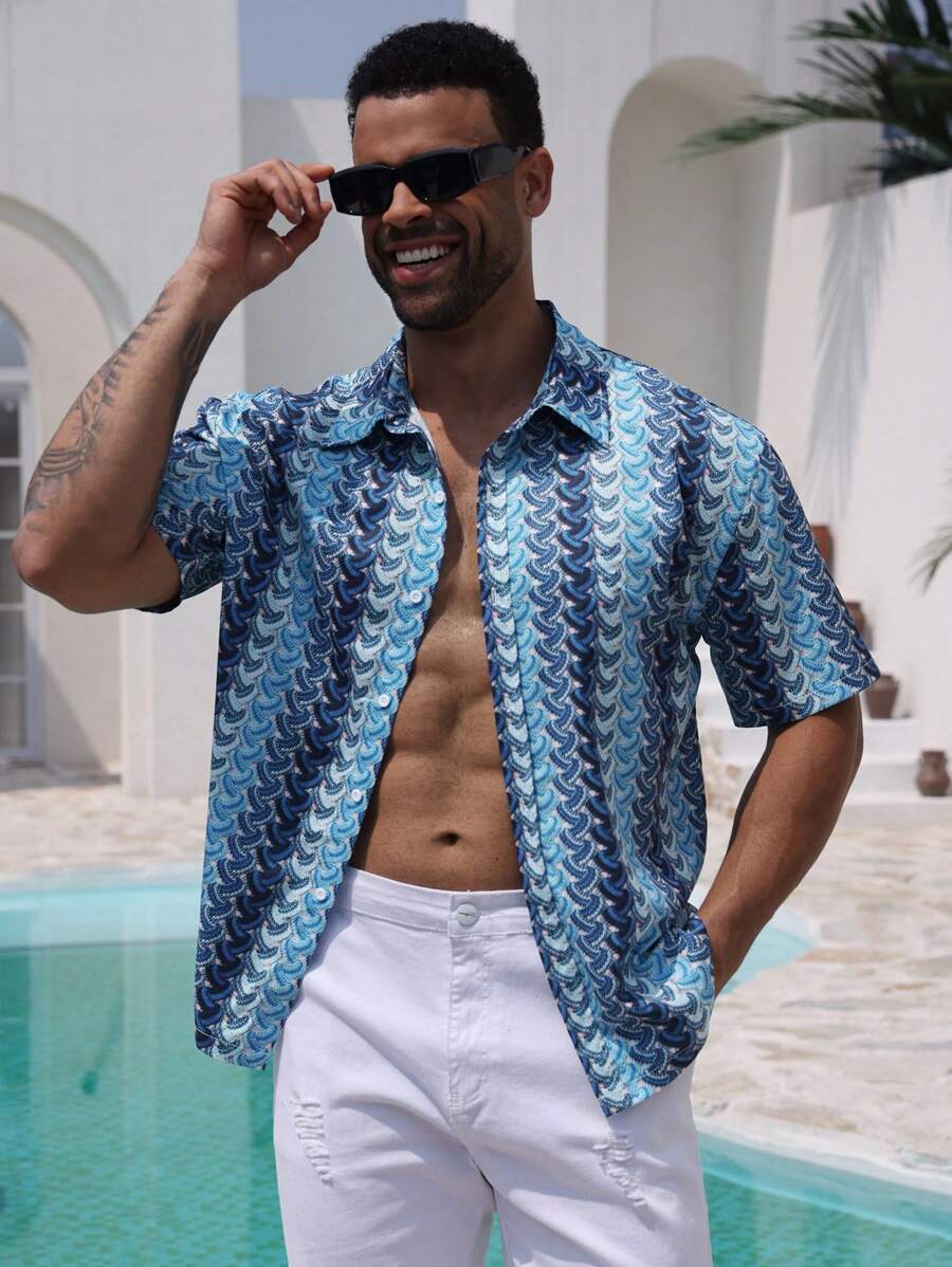 DAZY Summer Blue Striped Geometric Textured Men's Beach Shirt - Blue - View 1