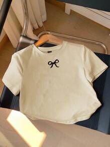 SHEIN EZwear Casual Minimalist Apricot Bow Decor Round Neck Short Sleeve Cropped T-Shirt For Women, Suitable For Summer Suitable For Going Out - Khaki - View 3