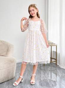 Váy trắng tay bồng cổ vuông lưới hoa cúc cho bé gái tuổi mới lớn, trang phục đôi cho mẹ và bé - trắng - Xem 8