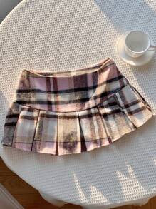 SHEIN x Carly Lawrence Comfortcana Women's Autumn And Winter Plaid Pleated Skirt - Pink - View 3