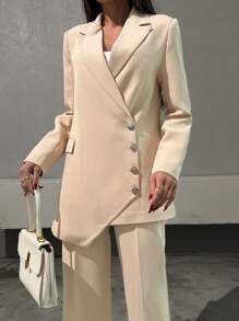 EURMUSE Women's Solid Asymmetrical Detailed Elegant Suit Set - Beige - View 4