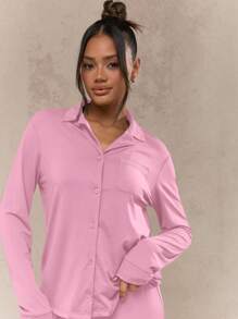 MISSGUIDED Loungewear Set Collared Button Down Top Wide Leg Palazzo Pants Cozy Matching Pajama Set Soft Stretchy Sleepwear Nightwear Relaxed Fit - Pink - View 4