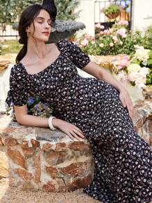 Uhlyne Damen elegantes Blumendruck-Kleid mit Puffärmeln und geraffter Taille, quadratischem Ausschnitt, frischer Urlaubsstil