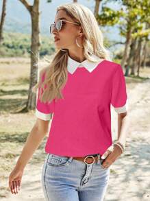 SHEIN LUNE Camicia casual a maniche corte con profili a contrasto, adatta per l'estate